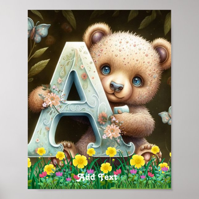 Poster Fofinho Urso de Bebê Caprichoso segurando Alfabeto (Frente)
