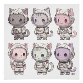 Pôster Fofinhos Astronautas Gatinhos Kawaii Tripulação