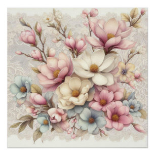 Pôster Fofo chique feminino floral e renda