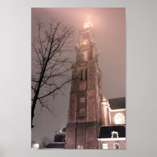 Poster Foggy Night Amsterdam Westertoren Church Tower