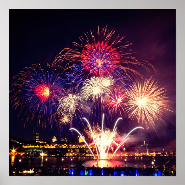 Poster Fogos de artifício azuis, vermelhos e Dourados (Frente)