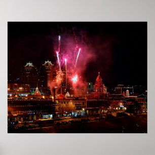 Poster Fogos-de-artifício vermelhos sobre as luzes da