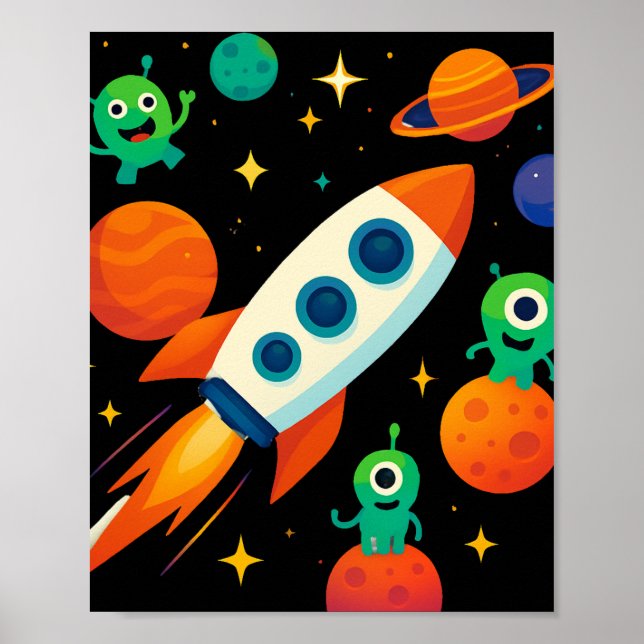 Poster Foguete Espacial Fofo & Arte de Alienígenas (Frente)