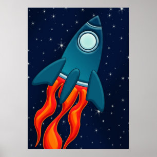 Poster Foguete Espacial Fofo e Design de Espaço Sideral