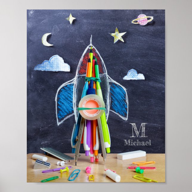 Poster Foguete Temático Espacial ~ Monograma Personalizad (Frente)