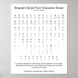 Poster Folha de Caracteres de Fonte do Script Brayden par