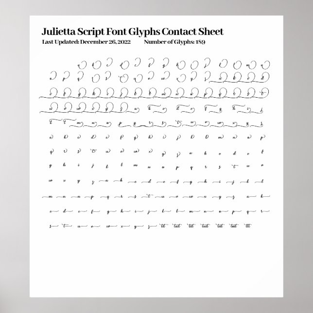 Poster Folha de Contato Julietta Script Font Glyphs (Frente)
