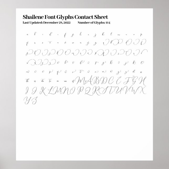 Poster Folha de Contatos do Shailene Font Glyphs (Frente)