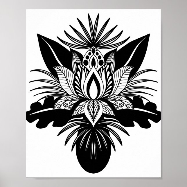 Poster Folha de Lotus Tropical Branca-Negra-Boêmia Modern (Frente)