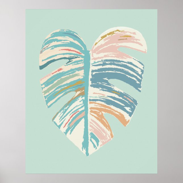 Poster Folha de Monstera - Turquesa, Verde, Coral, Mostar (Frente)