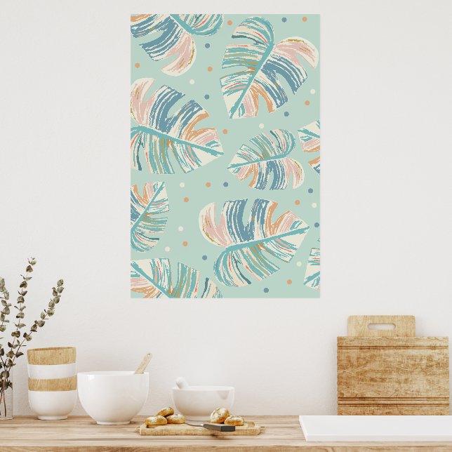 Poster Folha de Monstera - Turquesa, Verde, Coral, Mostar (Cozinha)