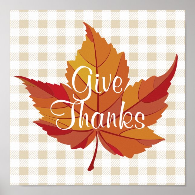 Poster Folha de outono Dê aos Obrigados Xadrez branca (Frente)