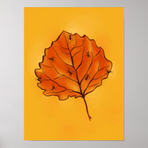 Poster Folha De Outono E Formigas De Laranja Amarelo