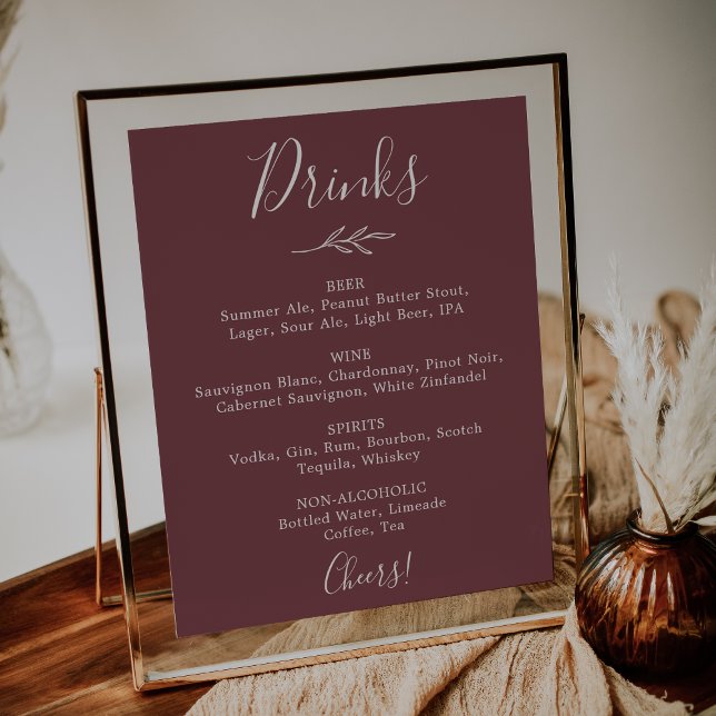 Poster Folha mínima | Menu Burgundy Wedding Drinks (Criador carregado)