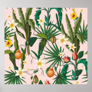 Poster Folha tropical, flor, padrão de fruta.