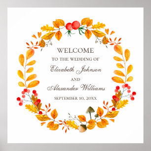 Poster Folhagem aquarela. Boas-vindas de casamento outona
