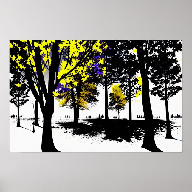 Poster Folhagem Azul e Amarela no Mundo Negro e Branco (Frente)