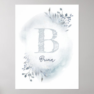 Poster folhagem azul empoeirada nome inicial de bebê meni