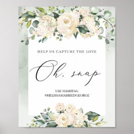 Poster Folhagem de rosas brancas de verde-aquarelas oh sn