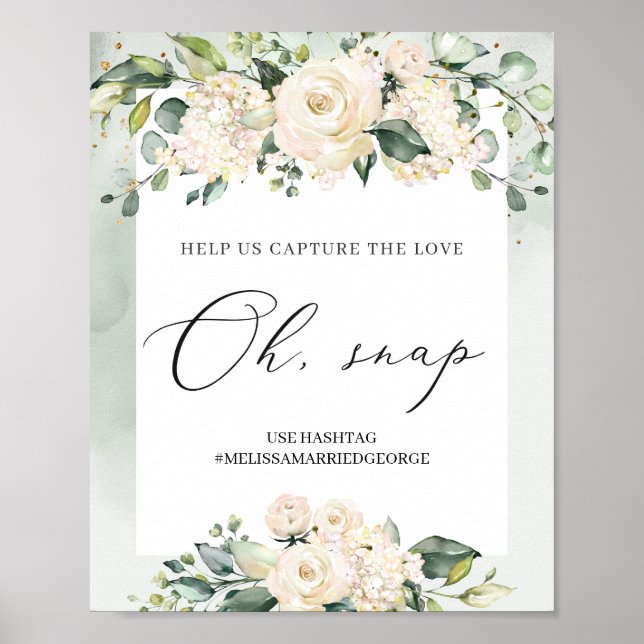 Poster Folhagem de rosas brancas de verde-aquarelas oh sn (Frente)