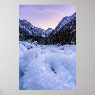 Poster Folhagem e montanhas congeladas ao pôr do sol