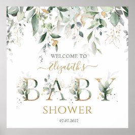 Poster Folhagem verde e dourada Sinal de Chá de fraldas d