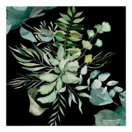 Pôster Folhagem Verde Elegante, Cor de Água, Fundo Preto