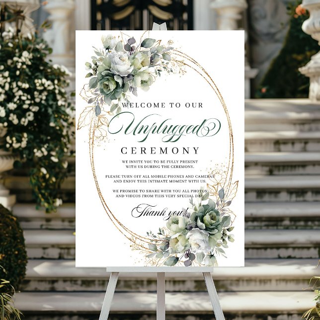 Poster Folhagem Verde Empoeirada Cerimônia Desconectada C (Dusty Green Foliage Unplugged Ceremony Wedding Poster)