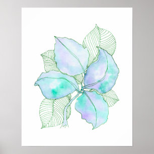Poster Folhas Botânicas de Aguarela Verde Menta Lavanda