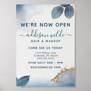 Poster Folhas Botânicas de Aquarela Azul Dourado Negócios