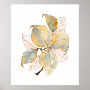 Poster Folhas Botânicas de Aquarela Azul Dourado Suave