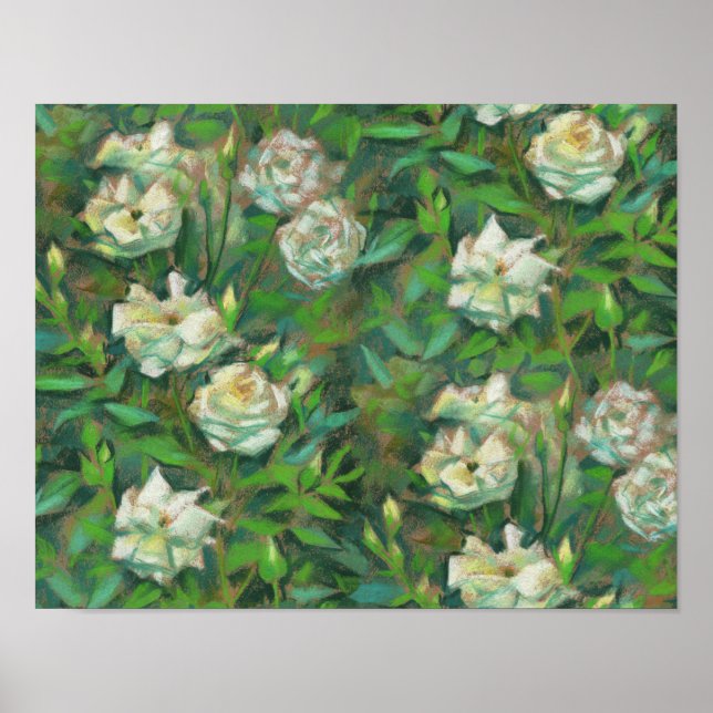Poster Folhas brancas de folhas verdes pintura floral (Frente)