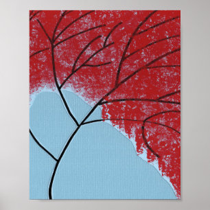Poster Folhas de árvore vermelhas abstratas em azul