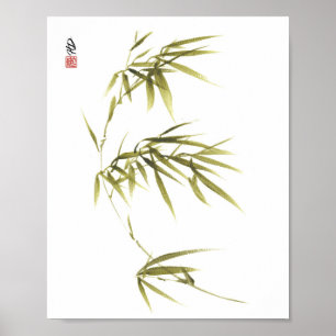 Poster Folhas de Bambu Sussurrantes Arte com Pincel Chinê