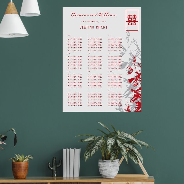 Poster Folhas de Bambu Vermelhas e Cinzas Gráfico de Asse (Sala de Estar 1)