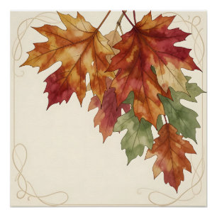 Pôster Folhas de Bordo Outono Aquarela Elegantes 