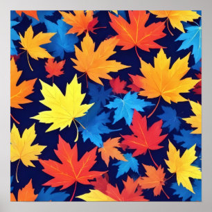 Poster Folhas de outono Coloridas em Fundo Azul Escuro