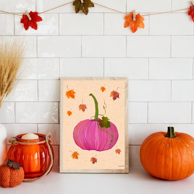 Poster Folhas de outono de Abóbora Rosa (Pretty Pink Pumpkin with fall leaves in watercolor.)