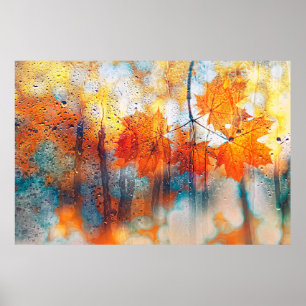 Poster Folhas de outono sobre textura de vidro chuvoso. c