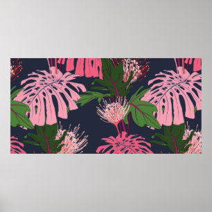Poster Folhas de palma tropicais, verdes e cor-de-rosa, e