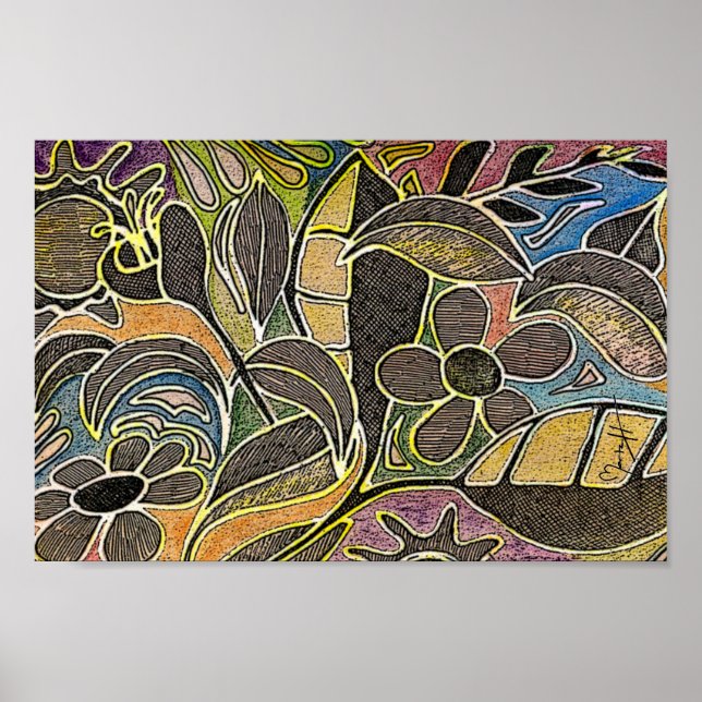 Poster Folhas e flores talhadas à mão - em laranja azul (Frente)