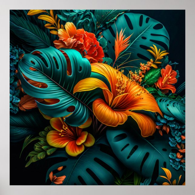 Poster Folhas e flores tropicais coloridas e elegantes | (Frente)