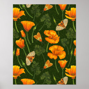 Poster Folhas e mariposas da Califórnia em verde escuro