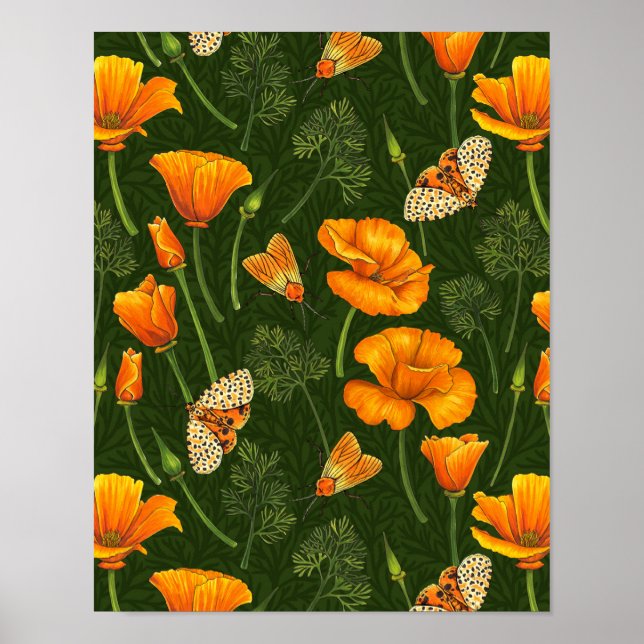 Poster Folhas e mariposas da Califórnia em verde escuro (Frente)