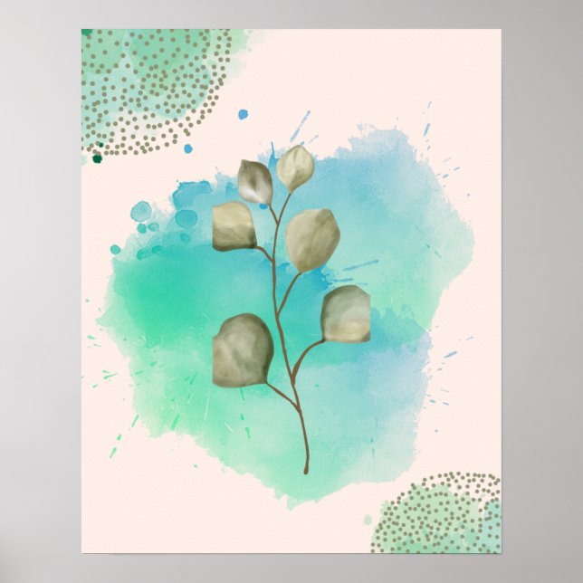 Poster Folhas Minimalistas Verdes e Azuis (Frente)