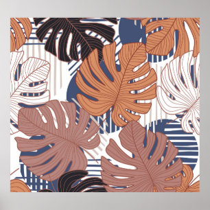 Poster Folhas monstera exóticas, tropicais de safra.