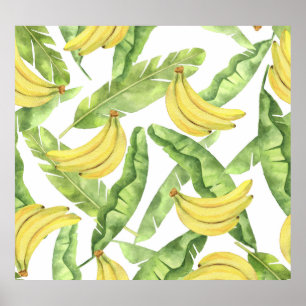 Poster Folhas tropicais, bananas, padrão de aquarela.