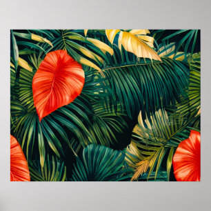 Poster Folhas Tropicais Coloridas e Flores de Hibisco