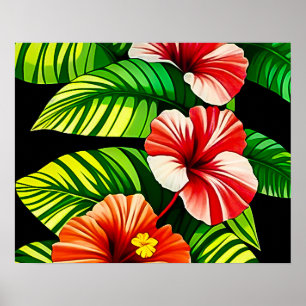 Poster Folhas Tropicais Coloridas e Flores de Hibisco