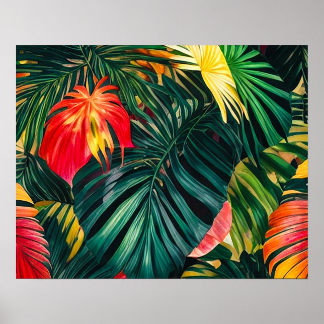 Poster Folhas Tropicais Coloridas e Flores de Hibisco | (Frente)